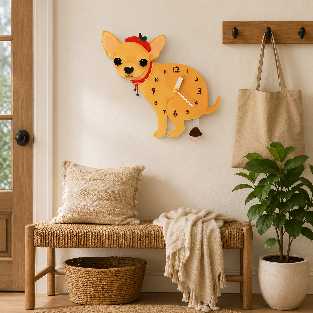 Close-up of the Yellow Chihuahua acrylic dog wall clock with real clock hands