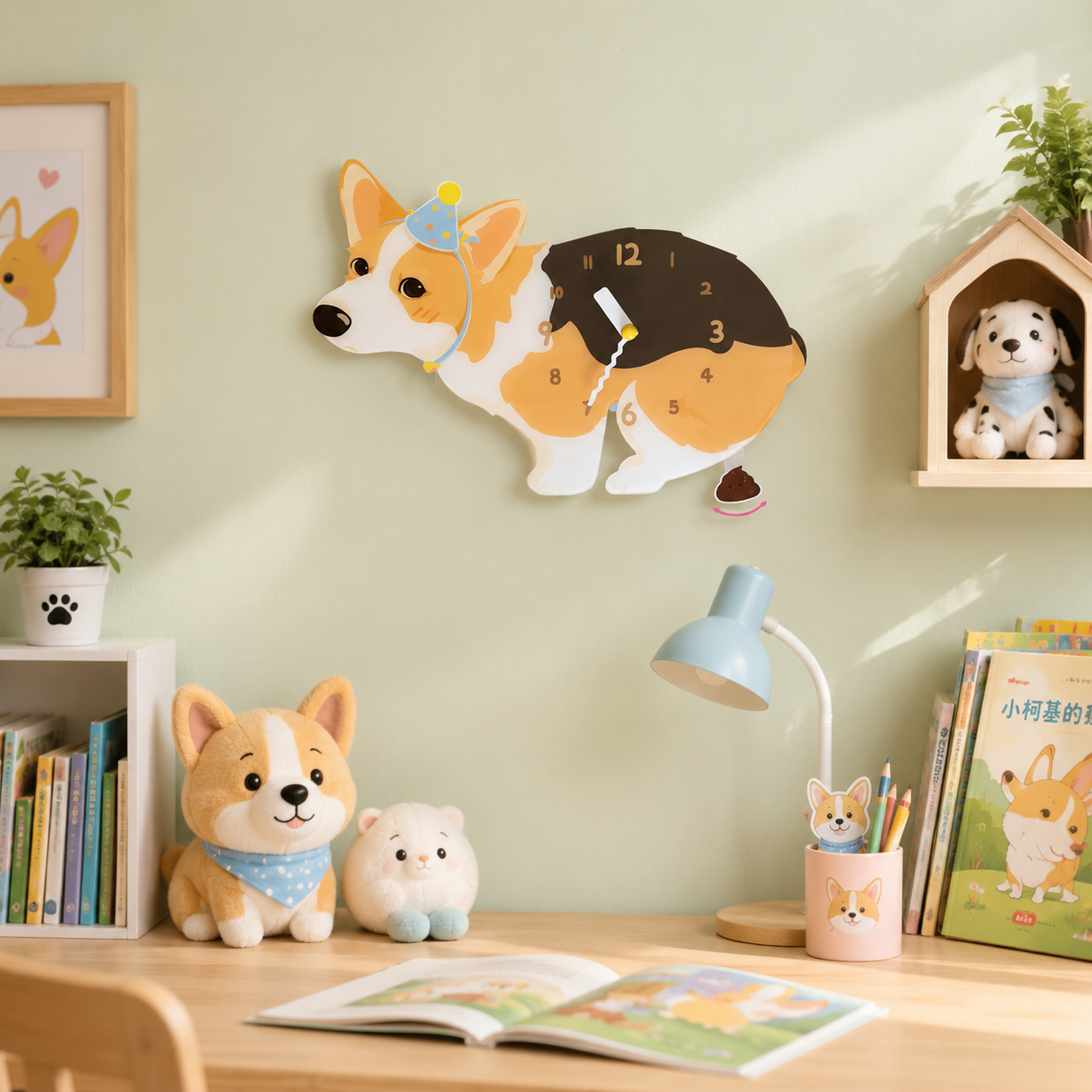 Close-up of the Tricolor Corgi acrylic dog wall clock with real clock hands