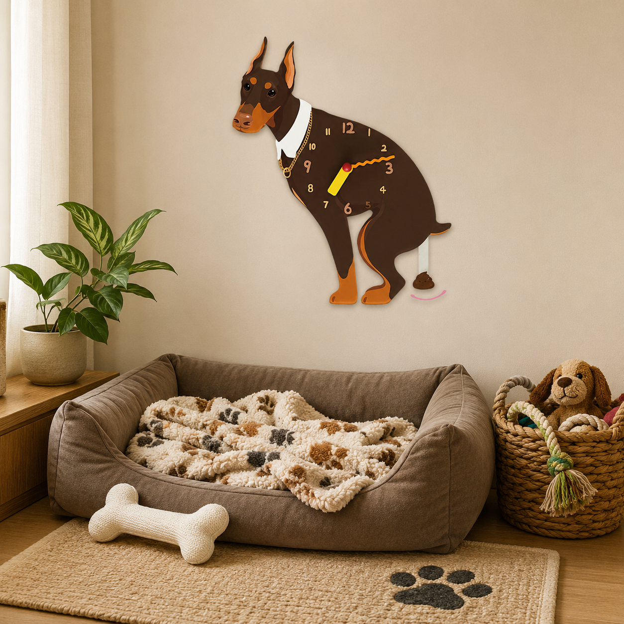 Close-up of the Brown Doberman acrylic dog wall clock with real clock hands