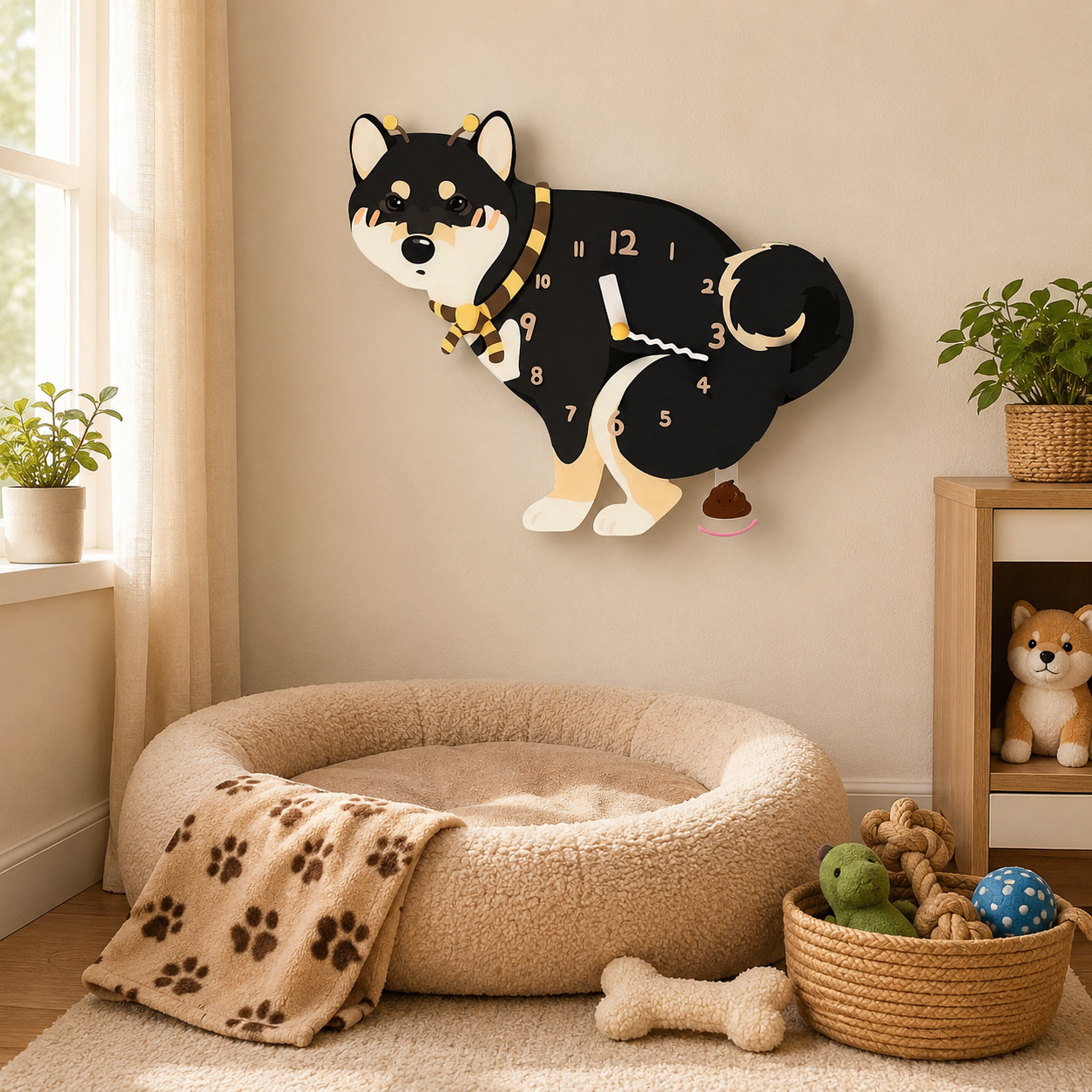 Close-up of the Black Shiba Inu acrylic dog wall clock with real clock hands