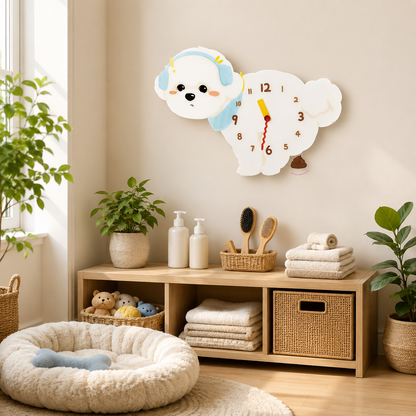 Close-up of the Band Bichon Frise acrylic dog wall clock with real clock hands