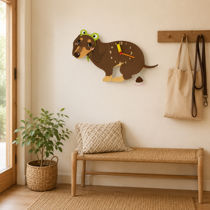 Close-up of the Dachshund acrylic dog wall clock with real clock hands