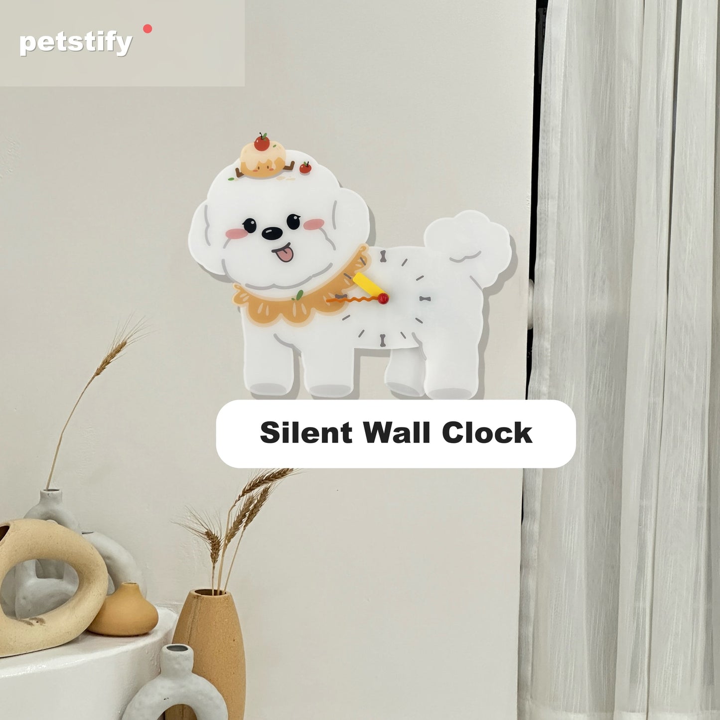 Petstify Bichon Frise dog wall clock - close-up of the swinging poop pendulum