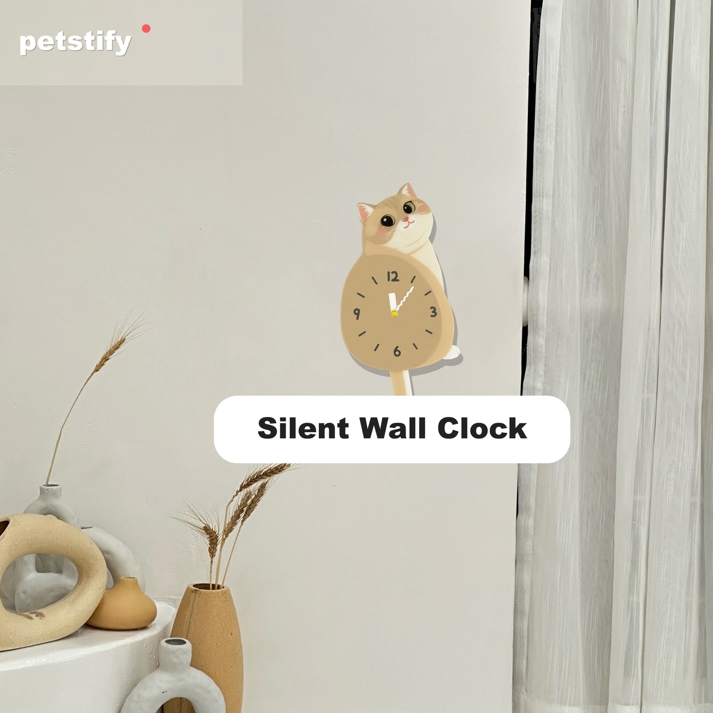 Petstify Blue Golden Shaded Cat cat wall clock - close-up of the swinging tail detail