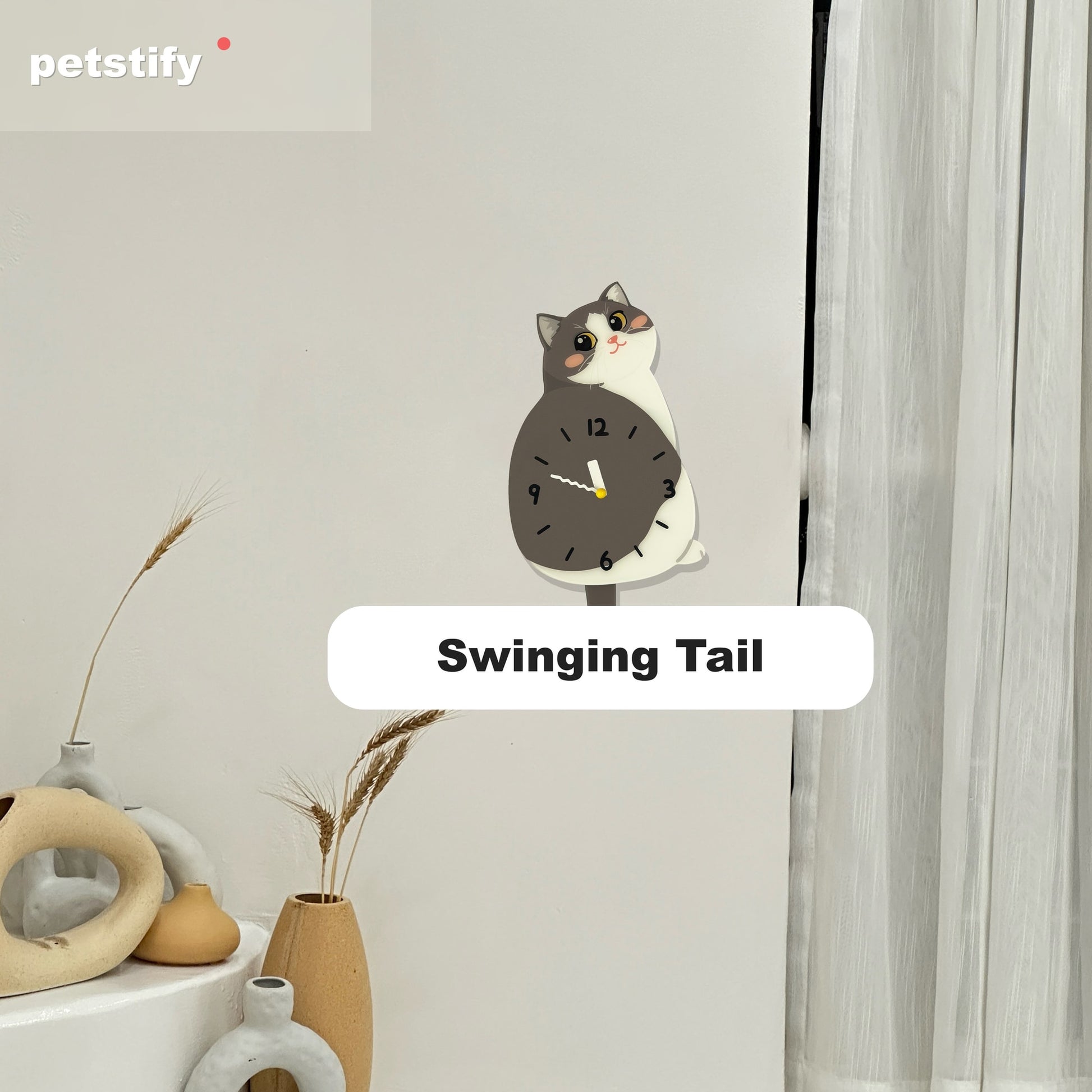Petstify Blue and White Cat cat wall clock - close-up of the swinging tail detail