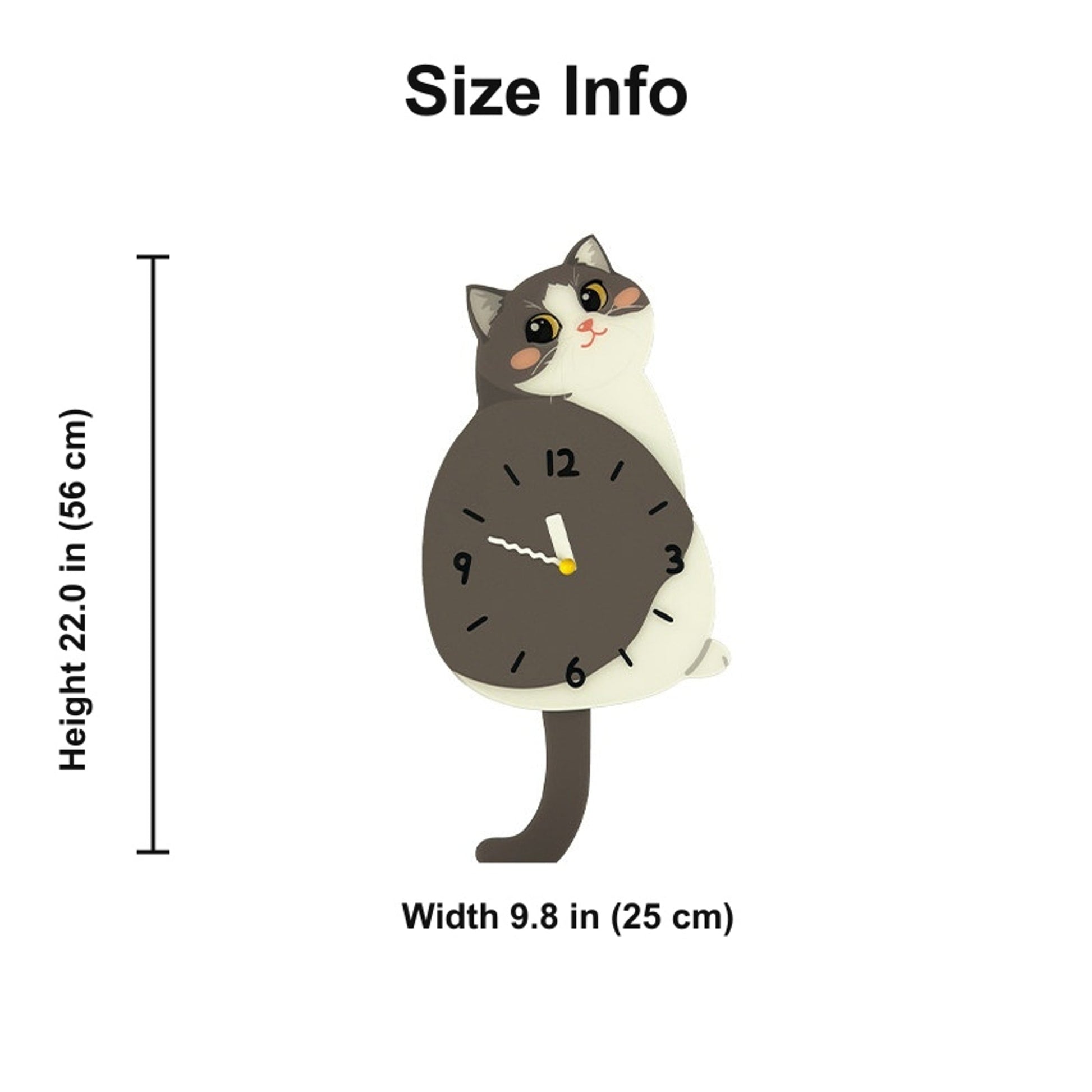 Petstify Blue and White Cat swinging tail acrylic wall clock size chart