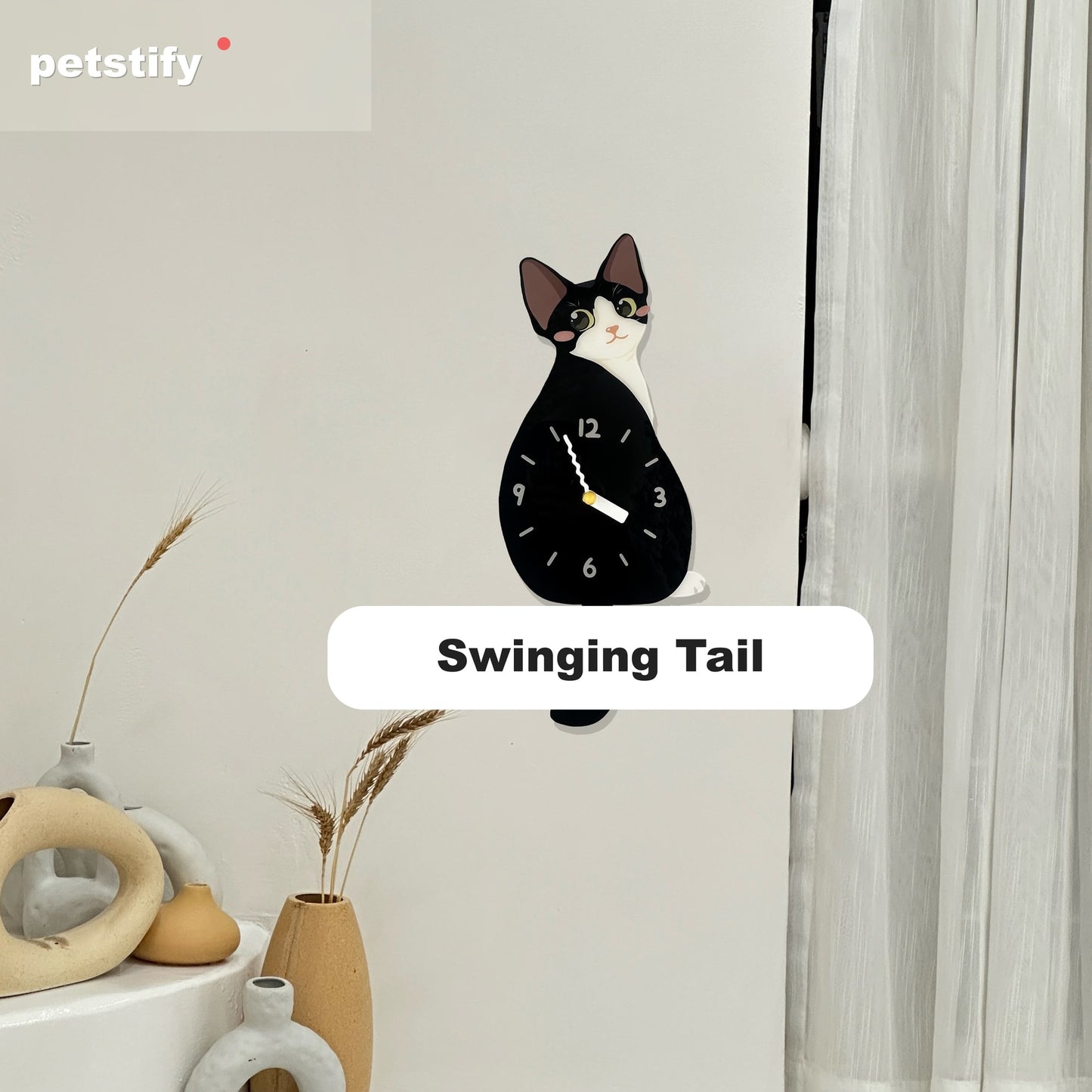 Petstify Devon Rex cat wall clock - close-up of the swinging tail detail