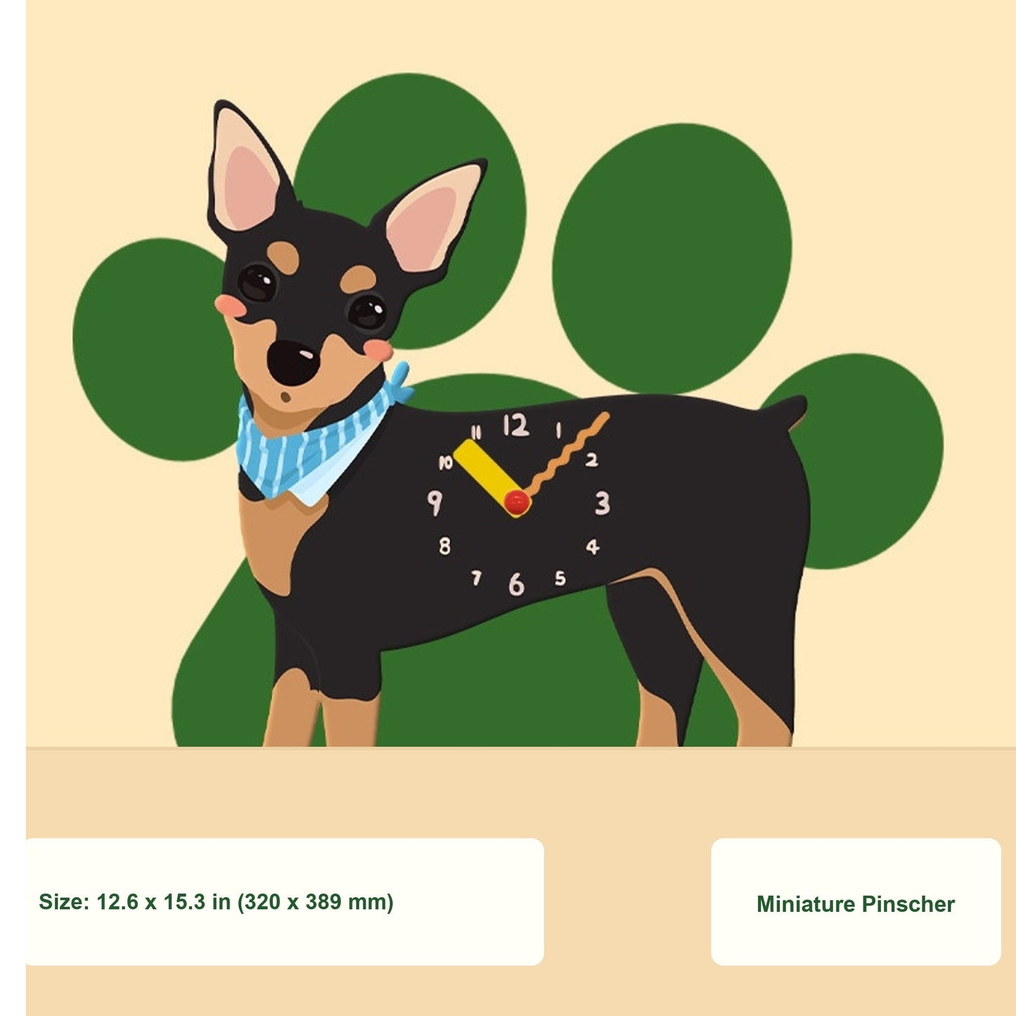 Petstify Miniature Pinscher swinging paw acrylic wall clock size chart