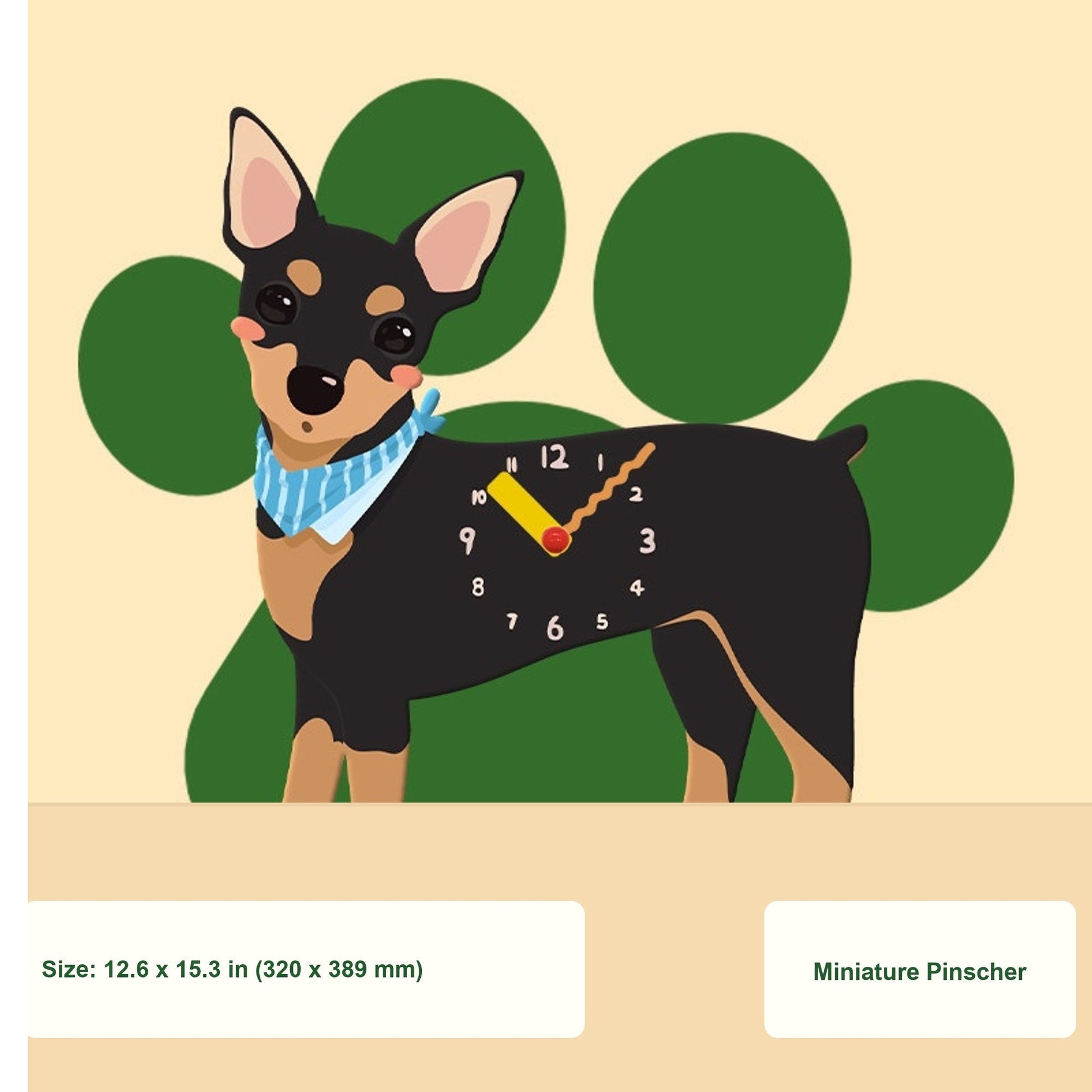 Petstify Miniature Pinscher swinging paw acrylic wall clock size chart