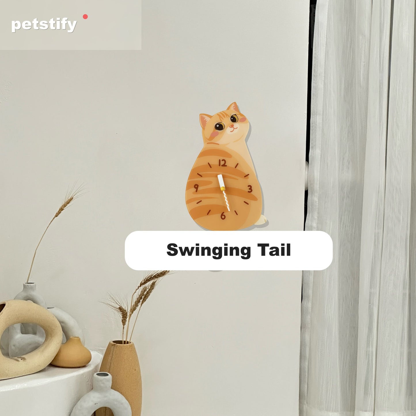 Petstify Orange Tabby cat wall clock - close-up of the swinging tail detail