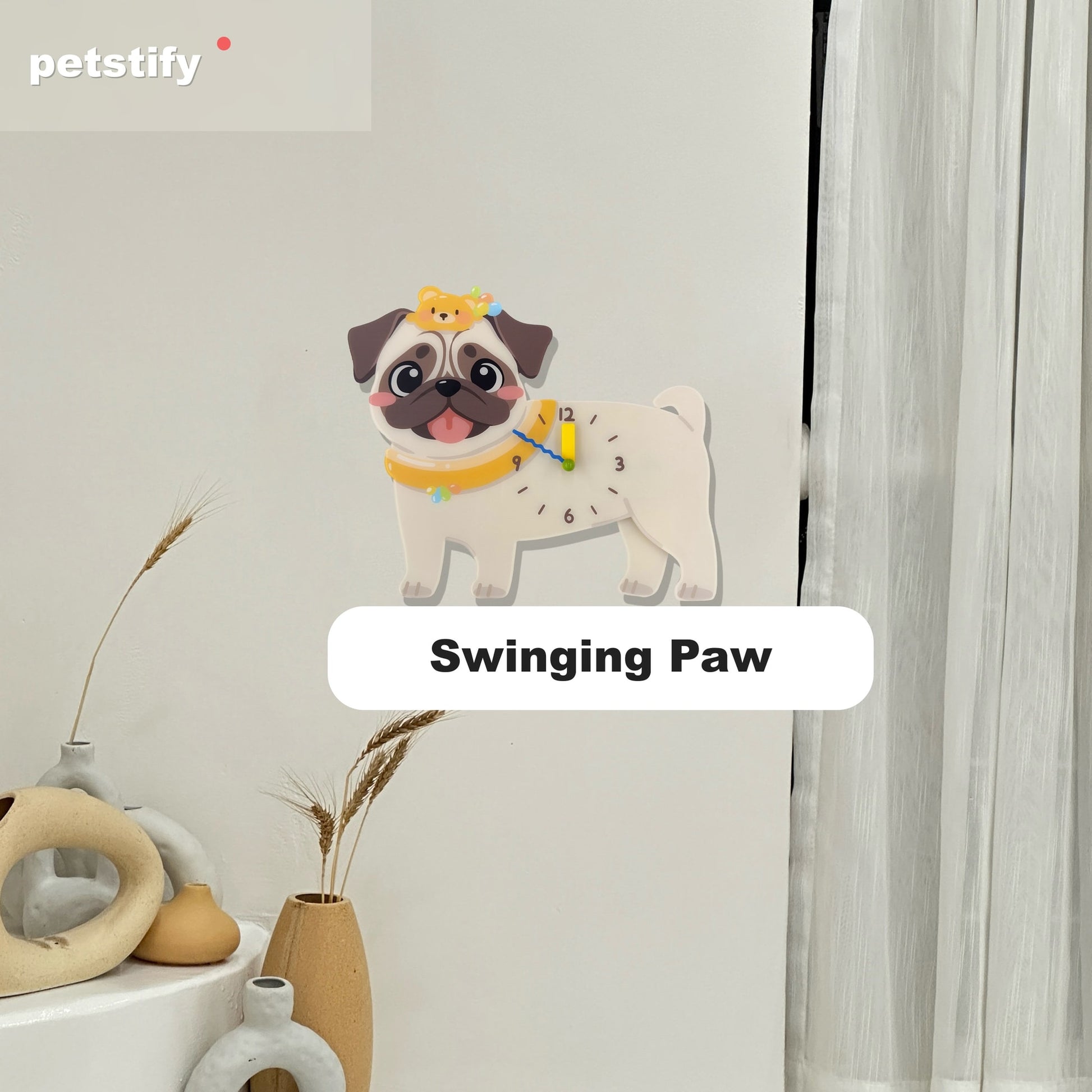 Petstify Pug dog wall clock - close-up of the swinging paw detail
