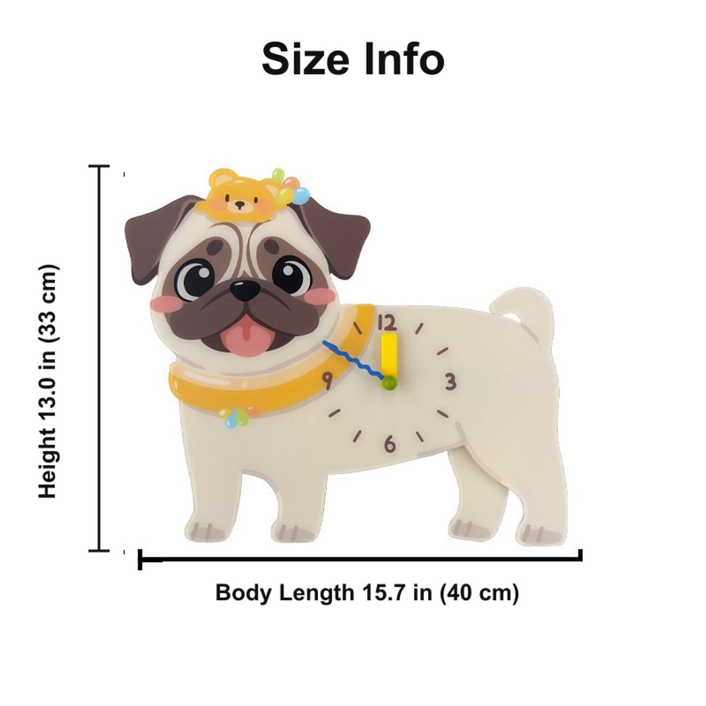 Petstify Pug swinging paw acrylic wall clock size chart