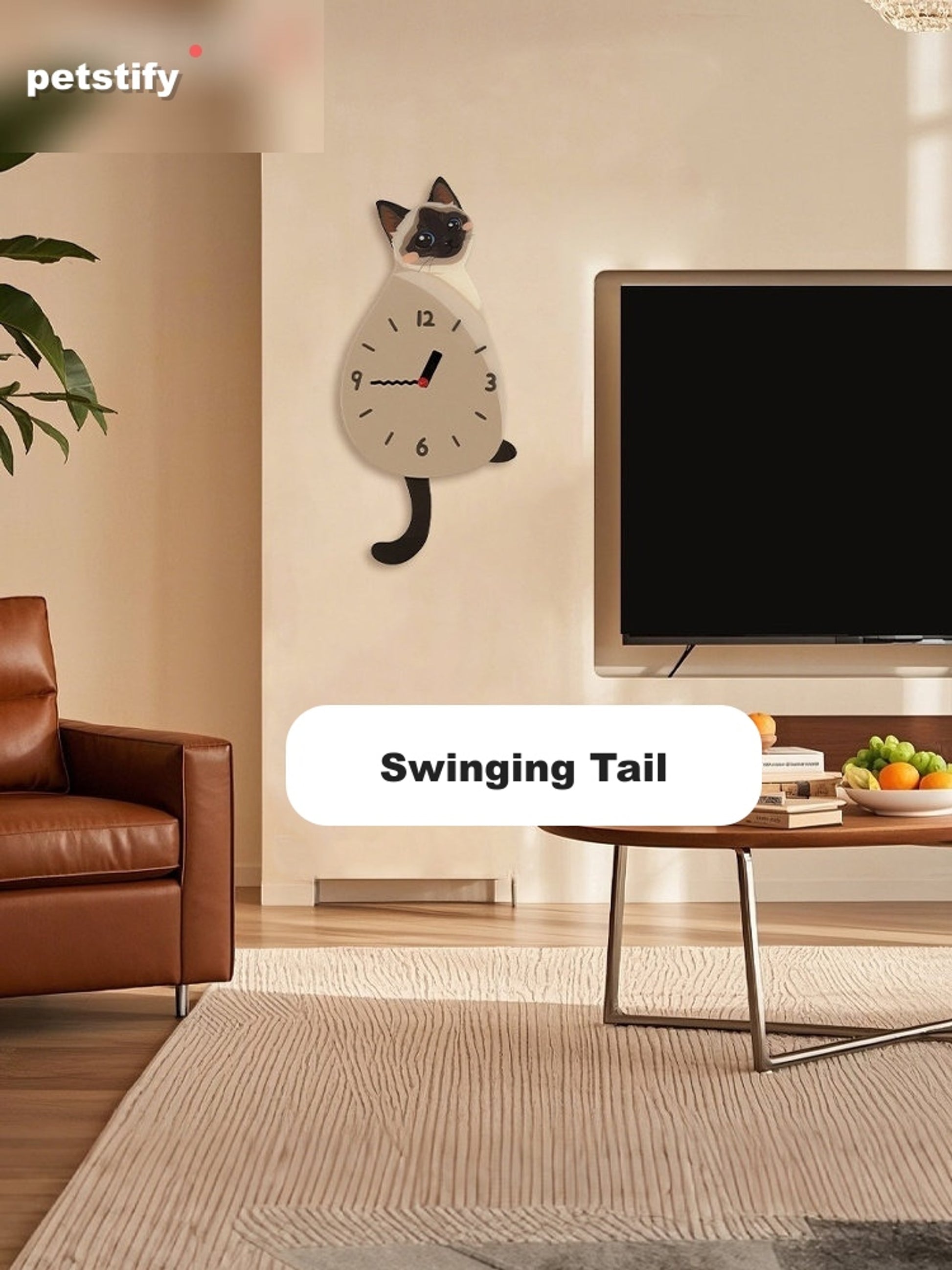 Petstify Siamese Cat cat wall clock - close-up of the swinging tail detail