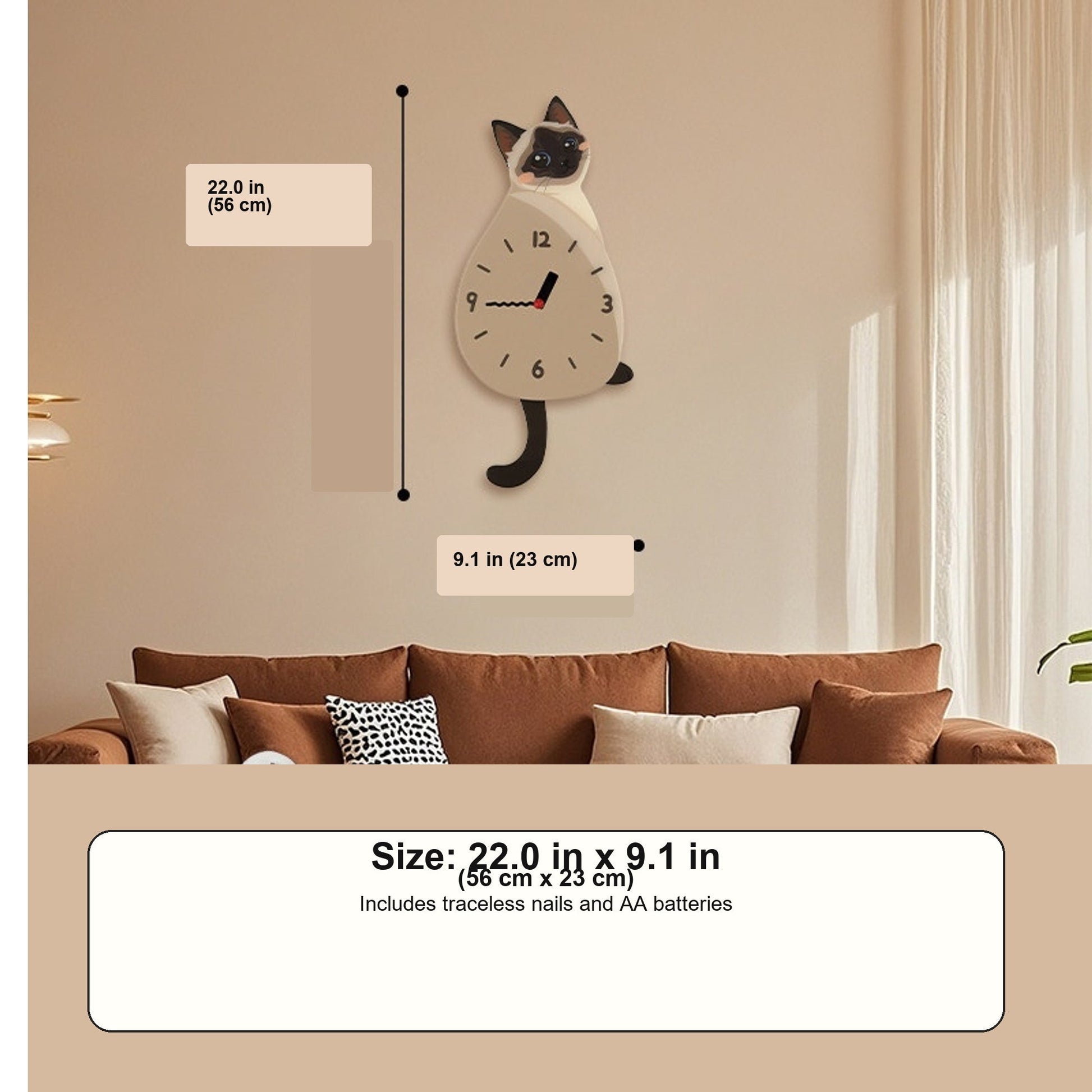 Petstify Siamese Cat swinging tail acrylic wall clock size chart