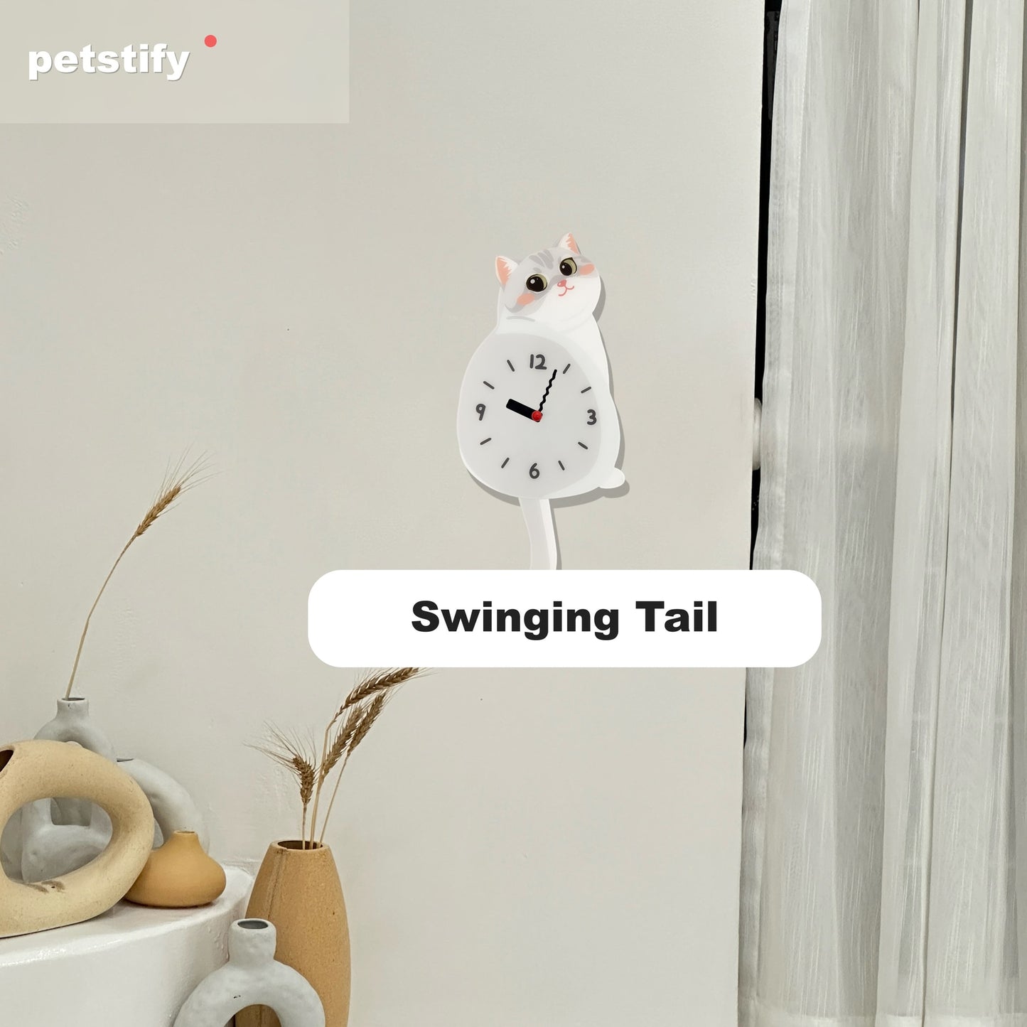 Petstify Silver Shaded Cat cat wall clock - close-up of the swinging tail detail