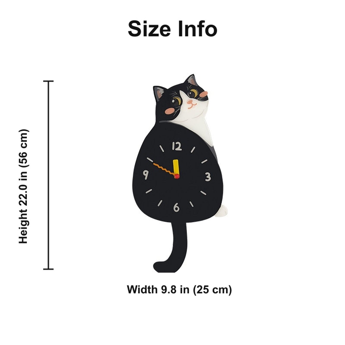 Petstify Tuxedo Cat swinging tail acrylic wall clock size chart