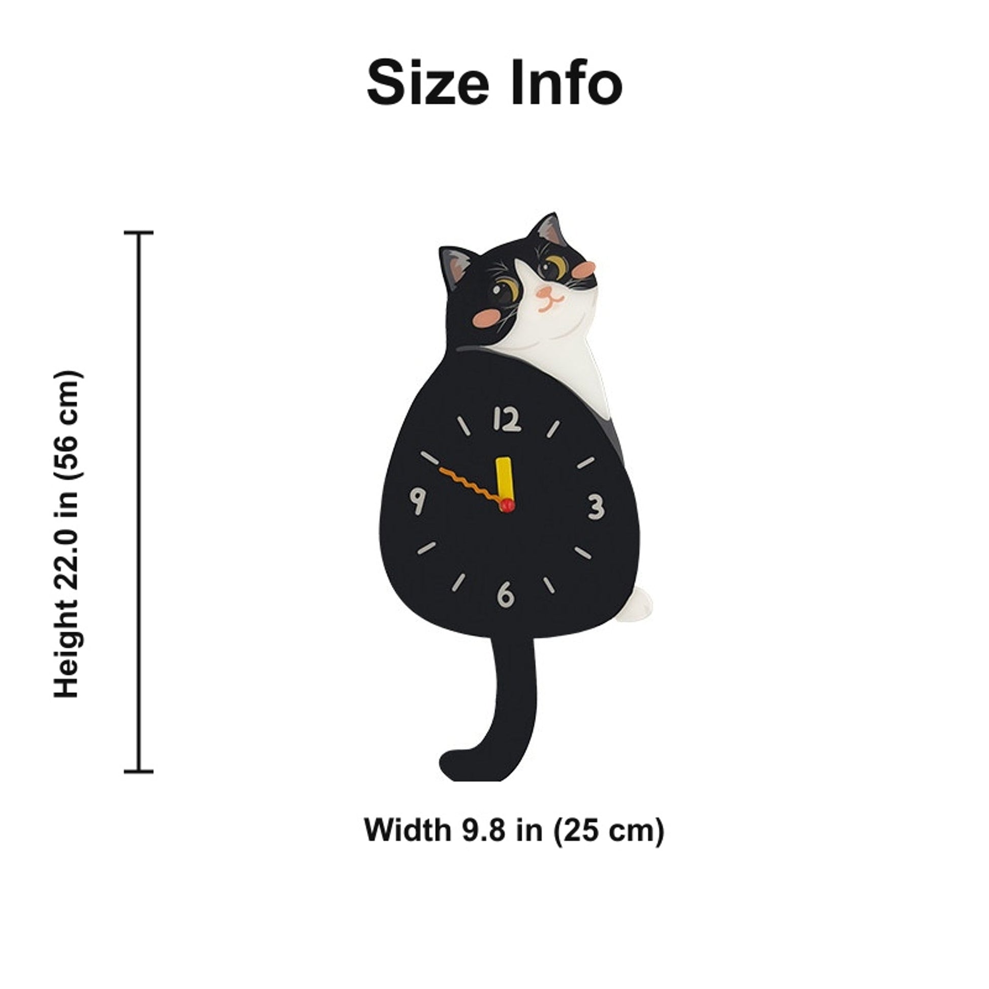 Petstify Tuxedo Cat swinging tail acrylic wall clock size chart
