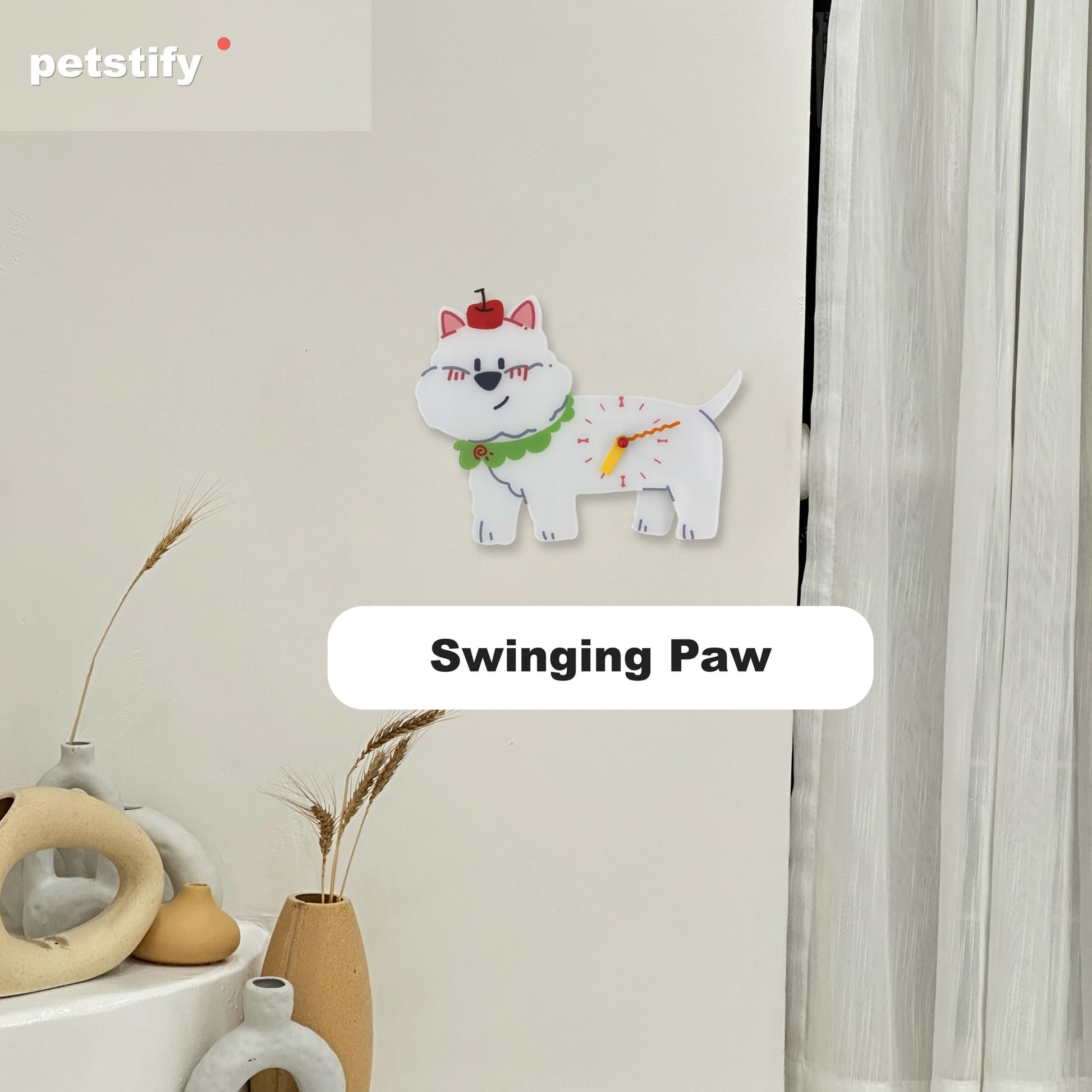 Petstify Westie dog wall clock - close-up of the swinging paw detail