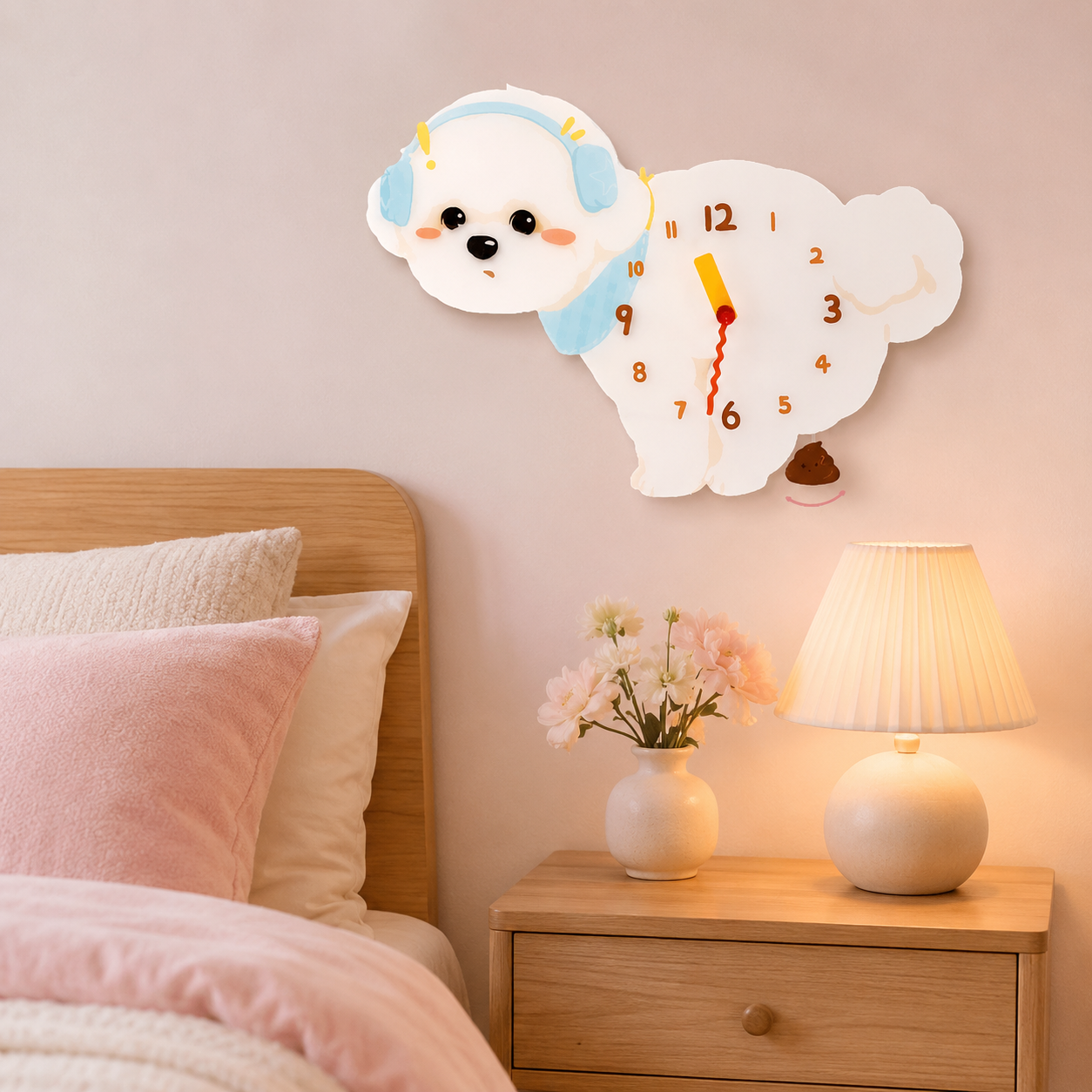 Band Bichon Frise Wall Clock with Swinging Poop Pendulum styled as funny dog wall decor