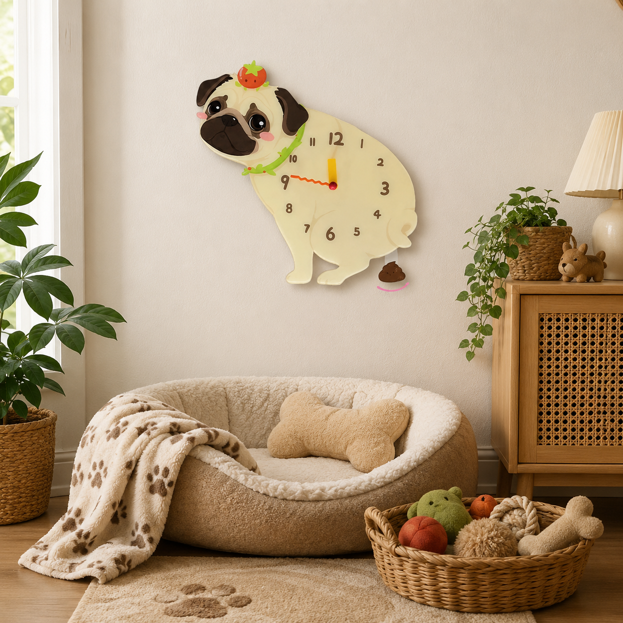 Pug in a warm room scene for dog lovers and pet parents