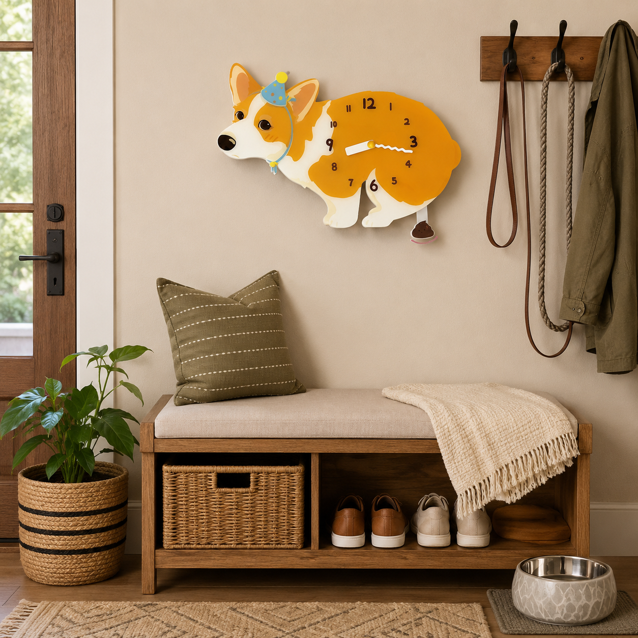 Bicolor Corgi Wall Clock with Swinging Poop Pendulum styled as funny dog wall decor