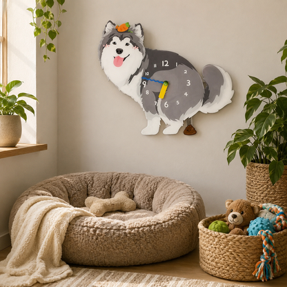 Gray Peach Alaskan Malamute in a warm room scene for dog lovers and pet parents