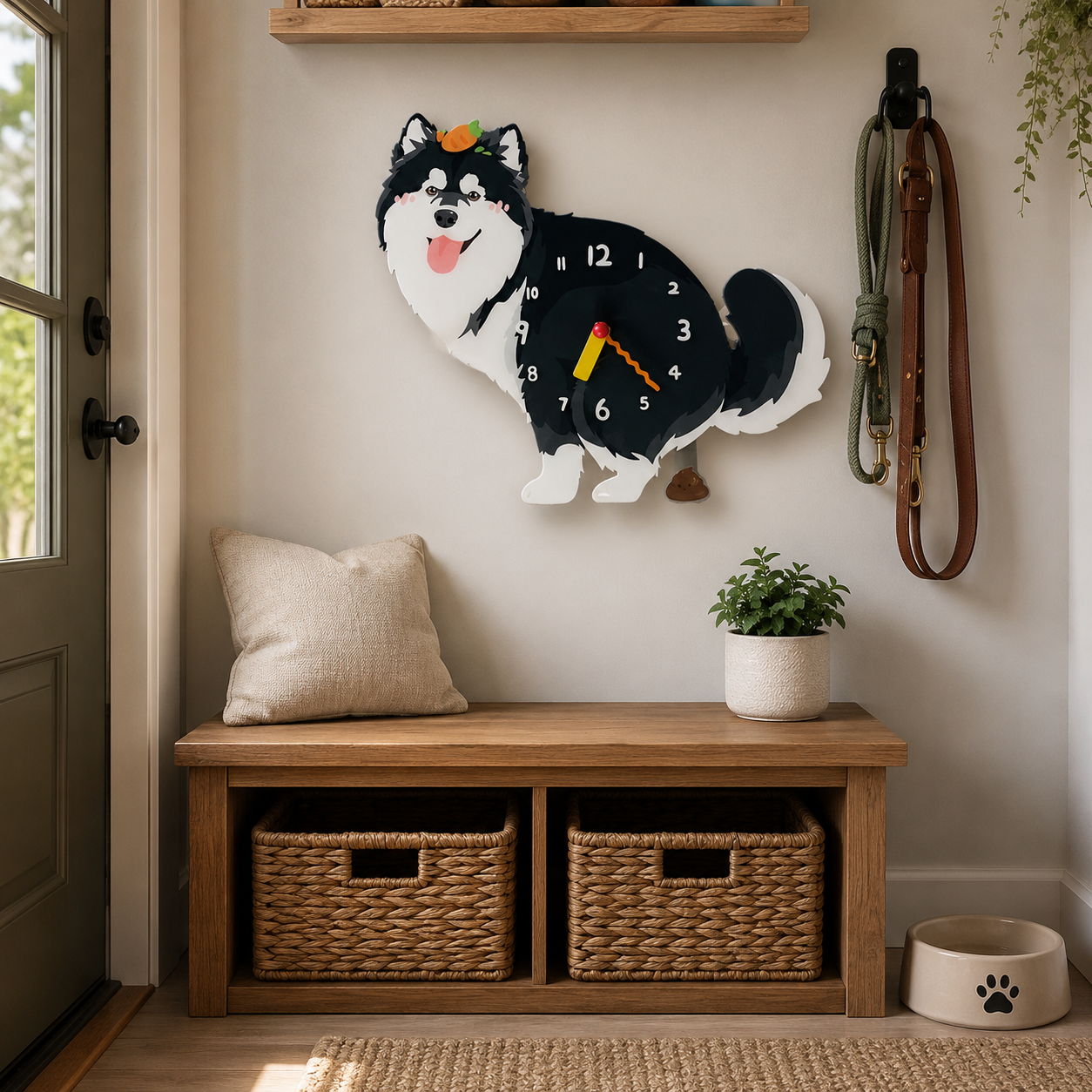 Black Cross Alaskan Malamute in a warm room scene for dog lovers and pet parents