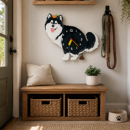 Black Cross Alaskan Malamute in a warm room scene for dog lovers and pet parents