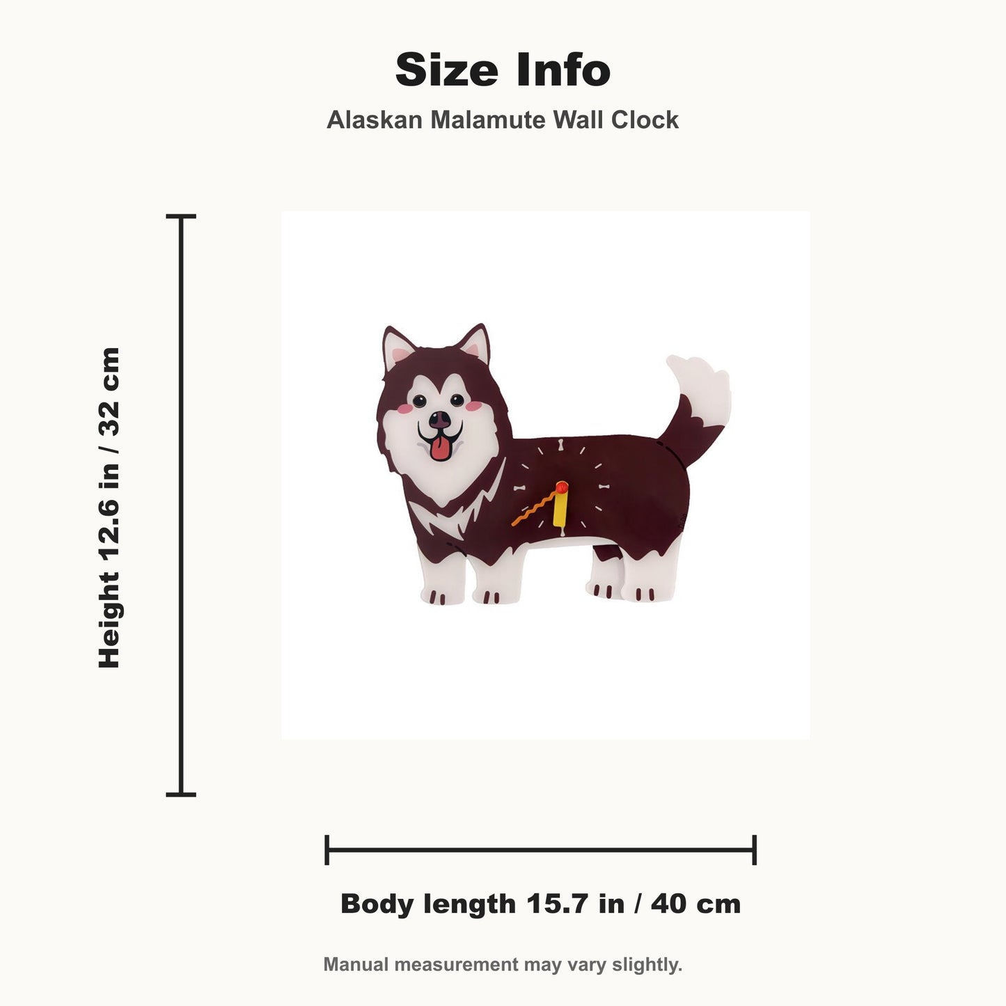Petstify Alaskan Malamute dog wall clock - clock face detail showing silent quartz movement