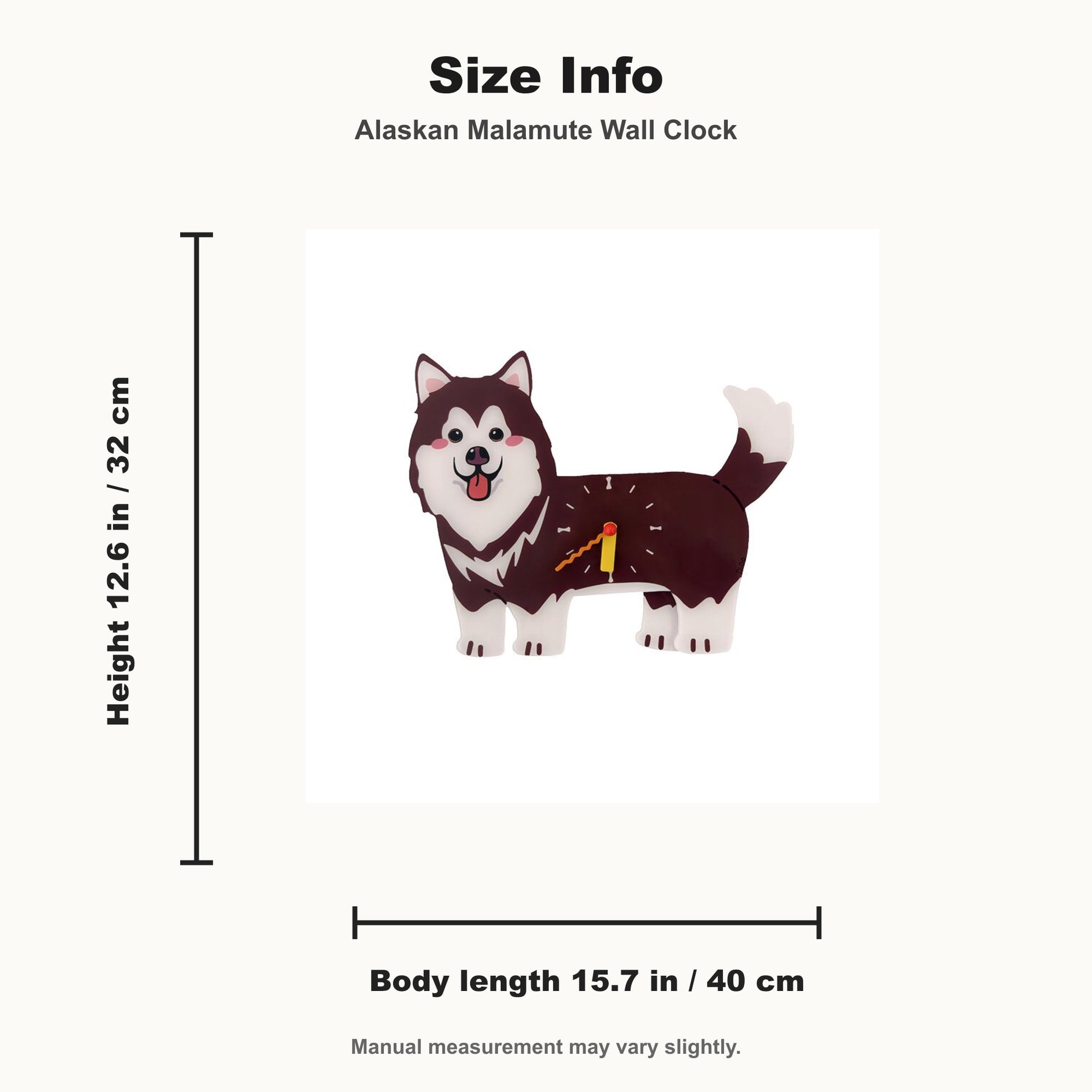 Petstify Alaskan Malamute dog wall clock - clock face detail showing silent quartz movement