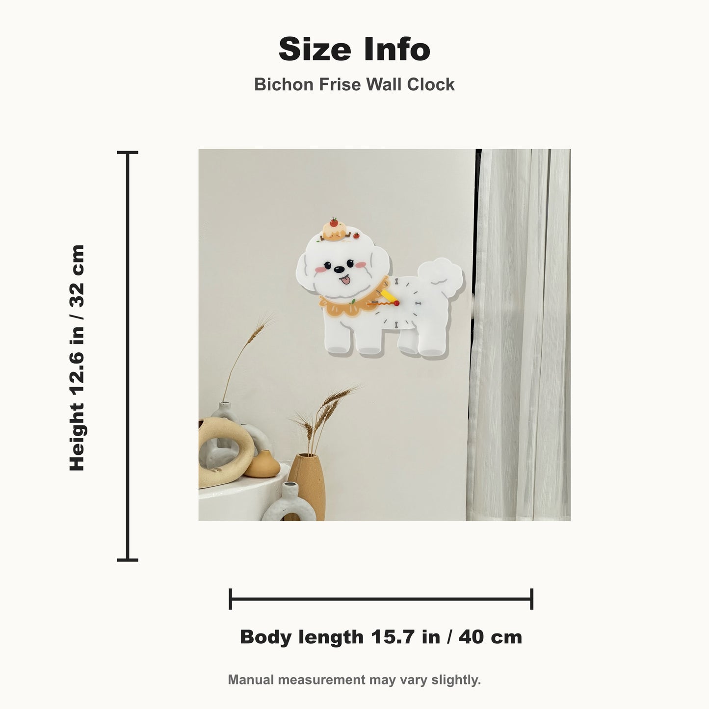 Petstify Bichon Frise dog wall clock - clock face detail showing silent quartz movement