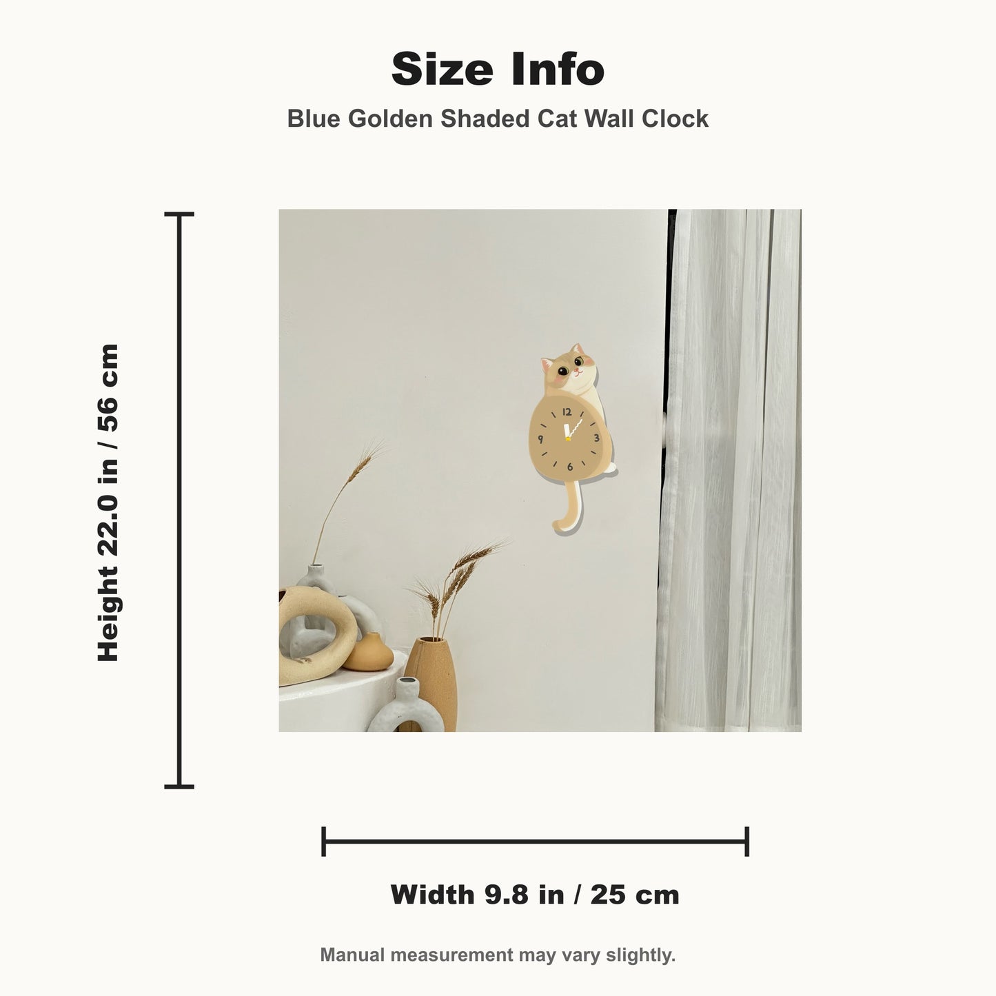Petstify Blue Golden Shaded Cat cat wall clock - clock face detail showing silent quartz movement