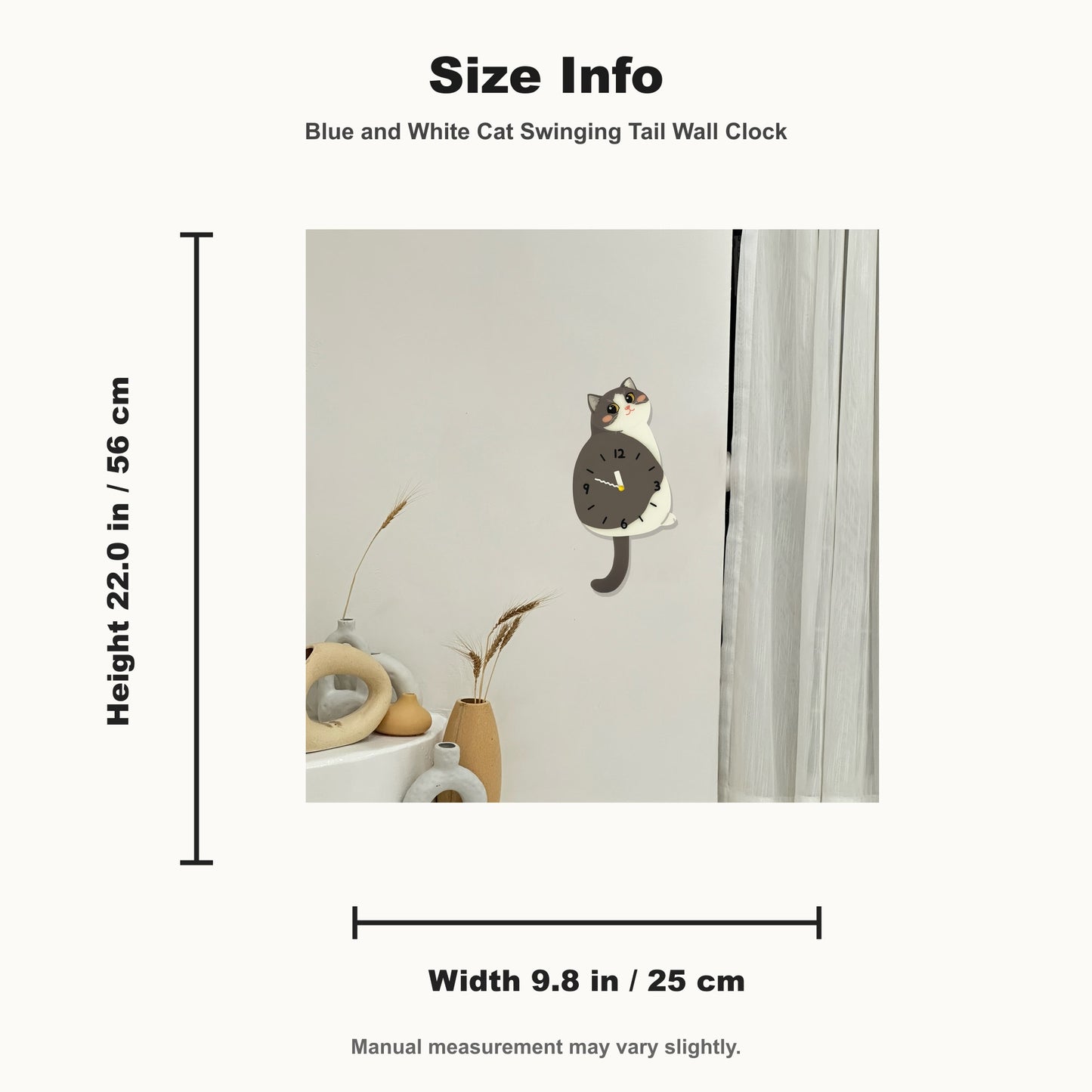 Petstify Blue and White Cat cat wall clock - clock face detail showing silent quartz movement