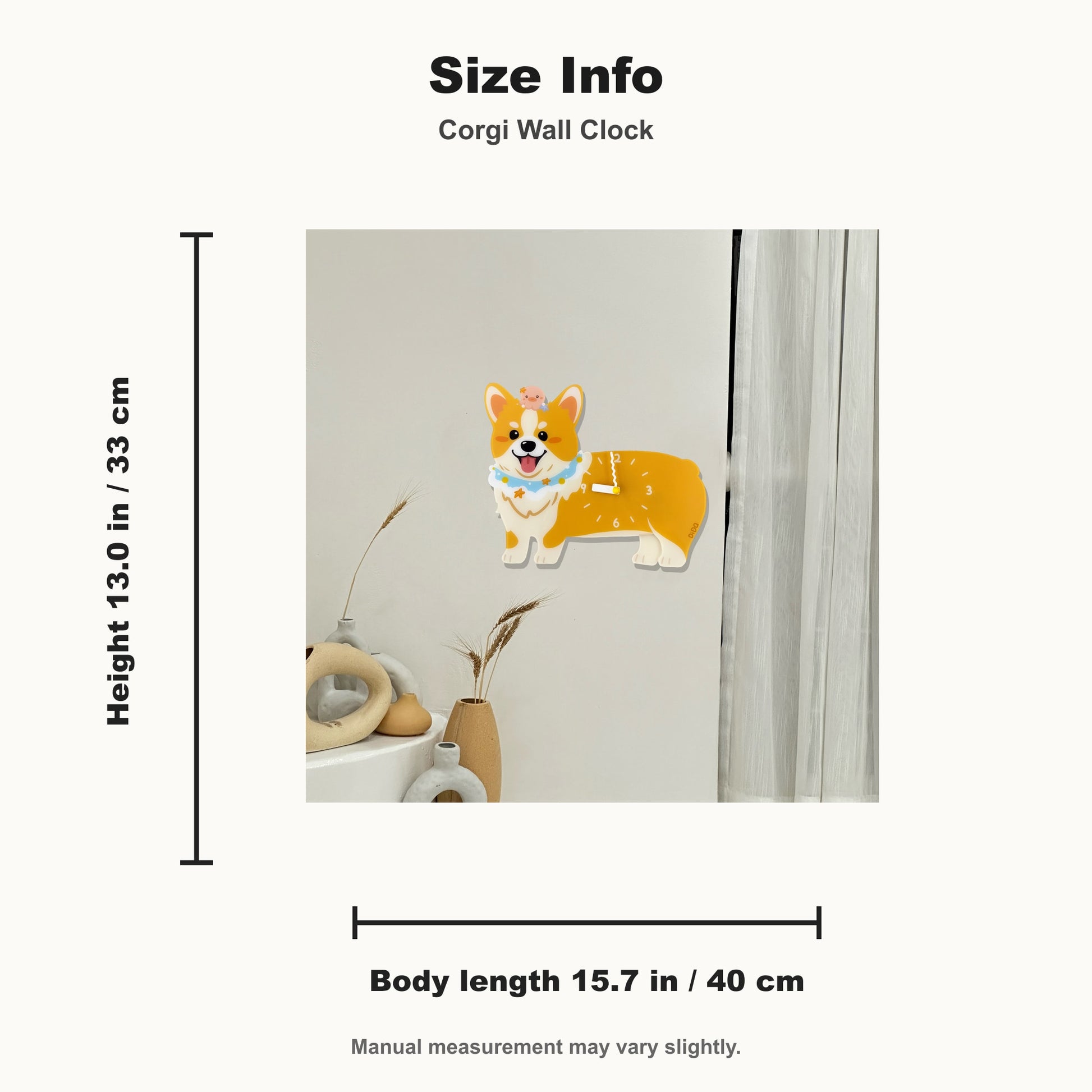 Petstify Corgi dog wall clock - clock face detail showing silent quartz movement