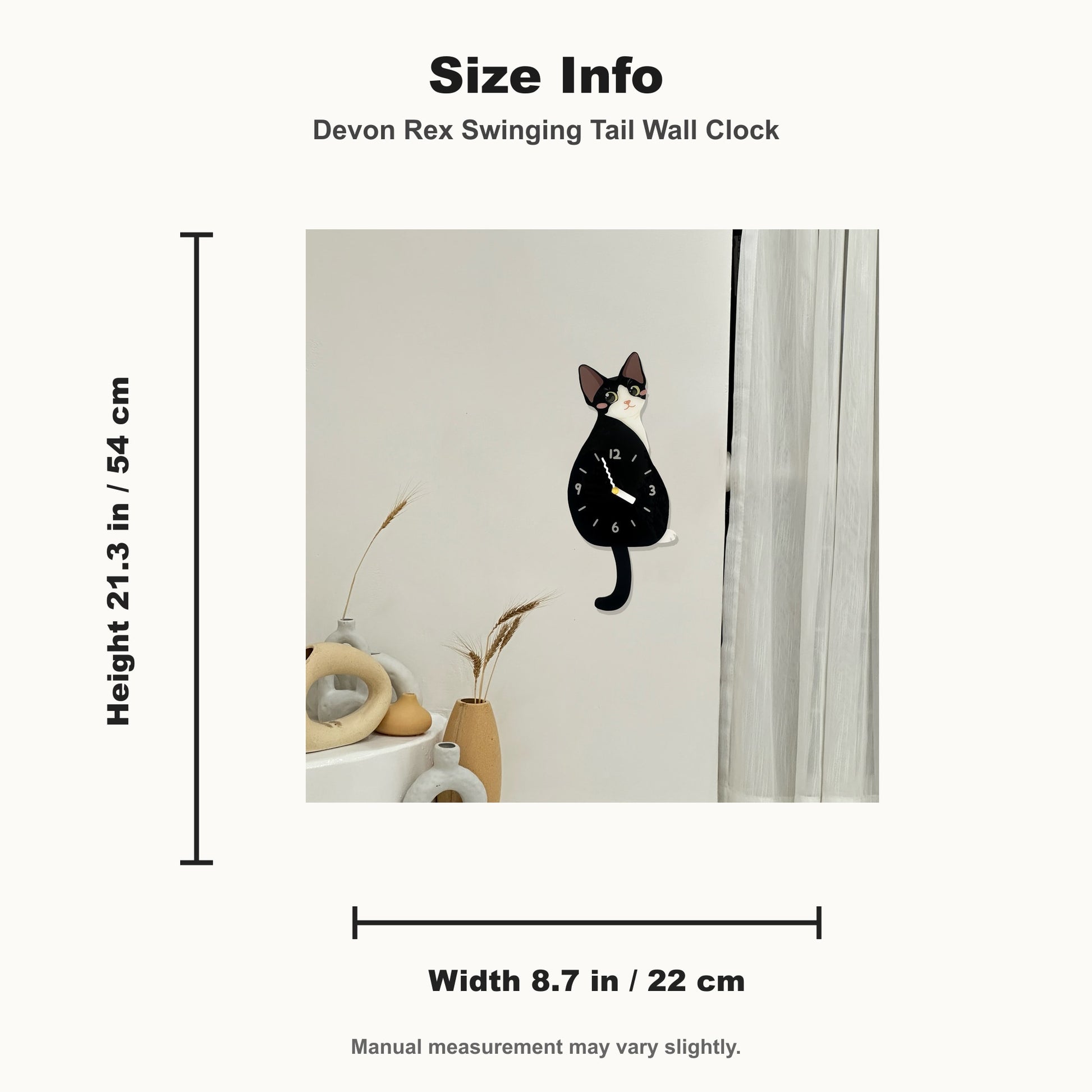 Petstify Devon Rex cat wall clock - clock face detail showing silent quartz movement