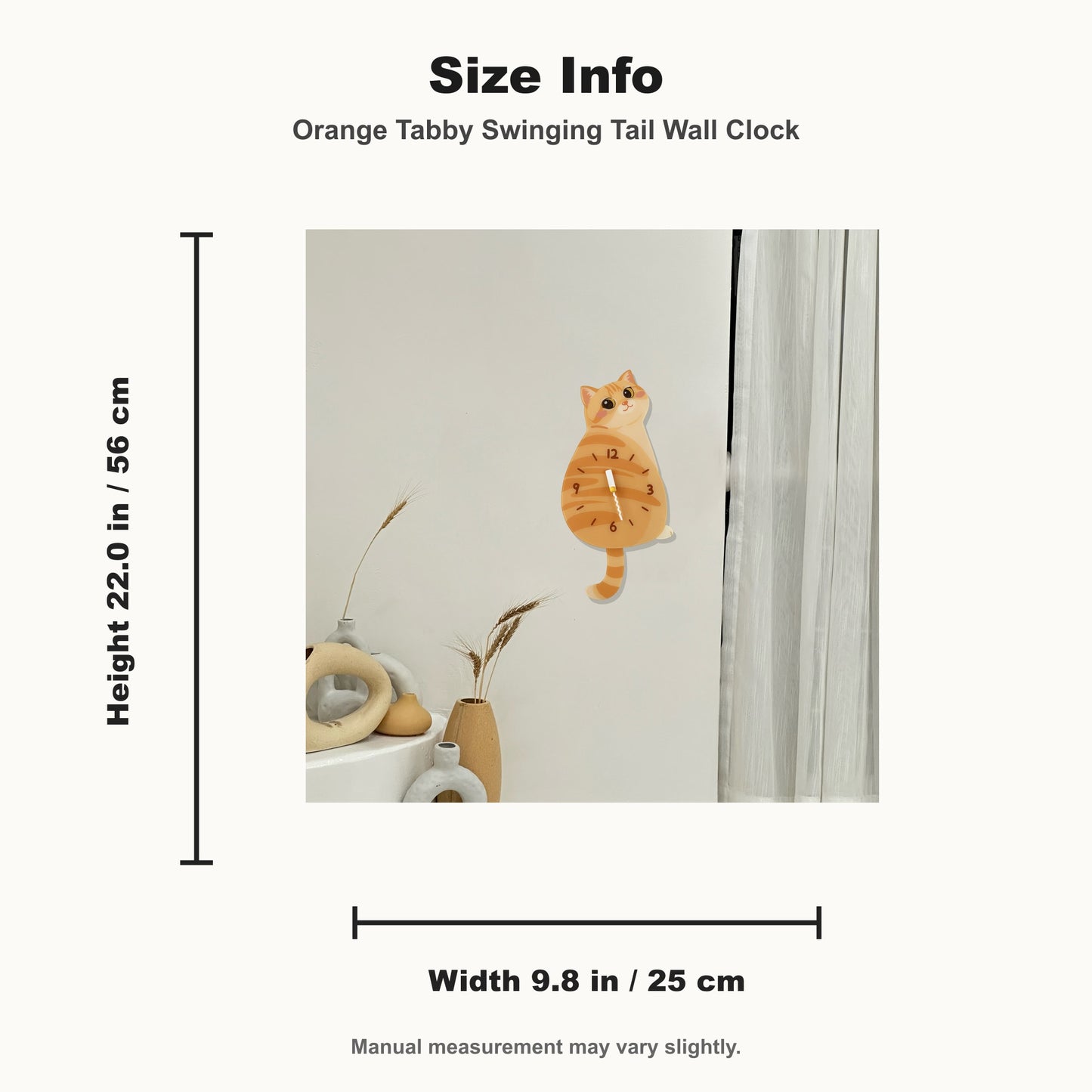 Petstify Orange Tabby cat wall clock - clock face detail showing silent quartz movement