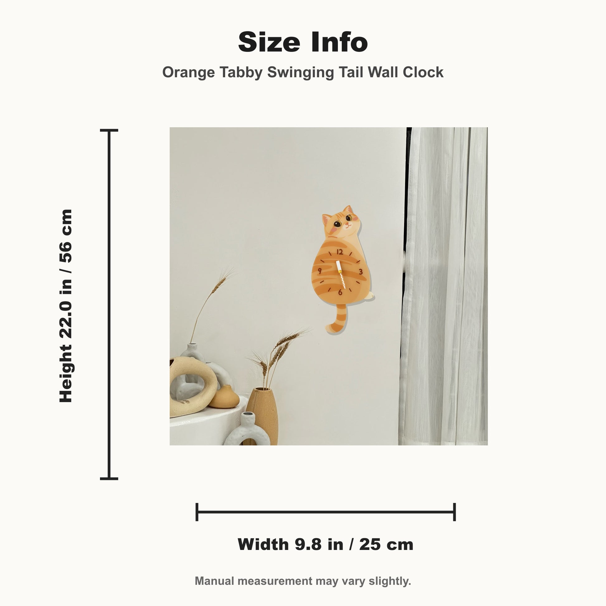Petstify Orange Tabby cat wall clock - clock face detail showing silent quartz movement
