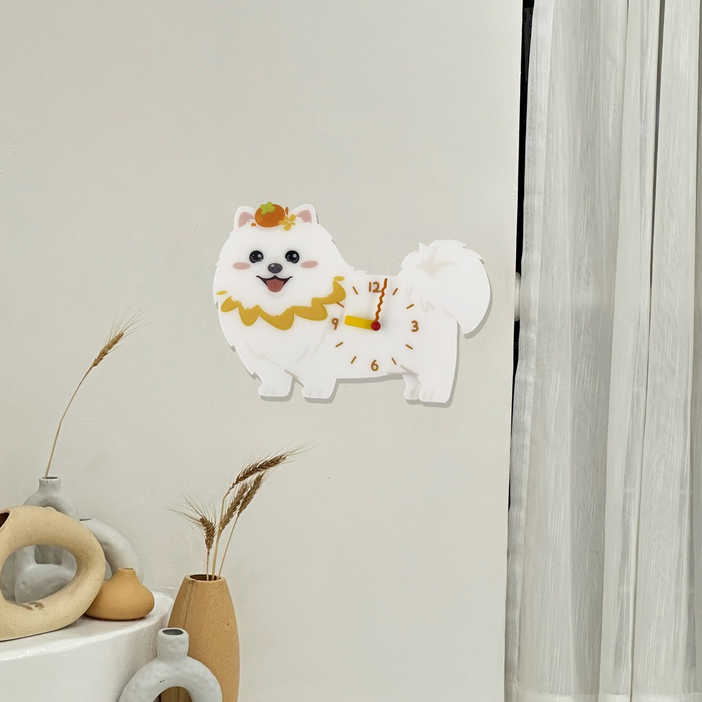 Petstify white Pomeranian acrylic wall clock with swinging paw detail