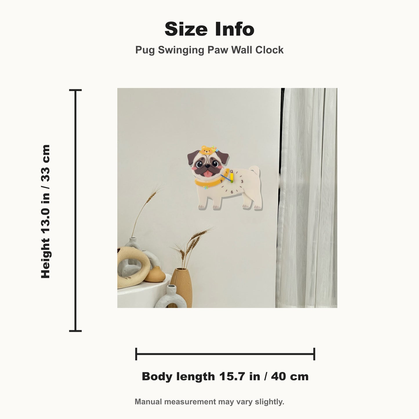 Petstify Pug dog wall clock - clock face detail showing silent quartz movement