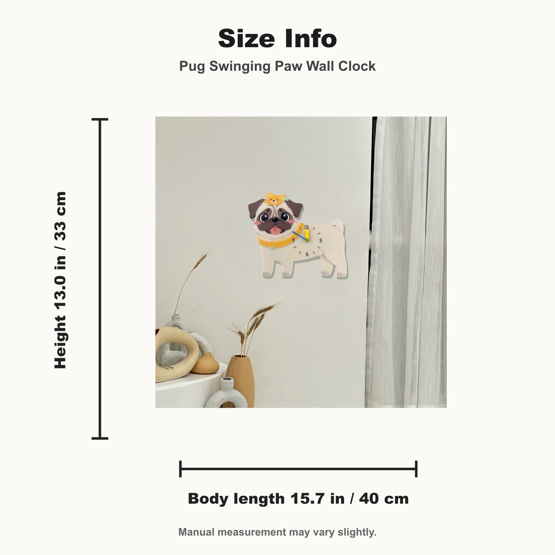 Petstify Pug dog wall clock - clock face detail showing silent quartz movement