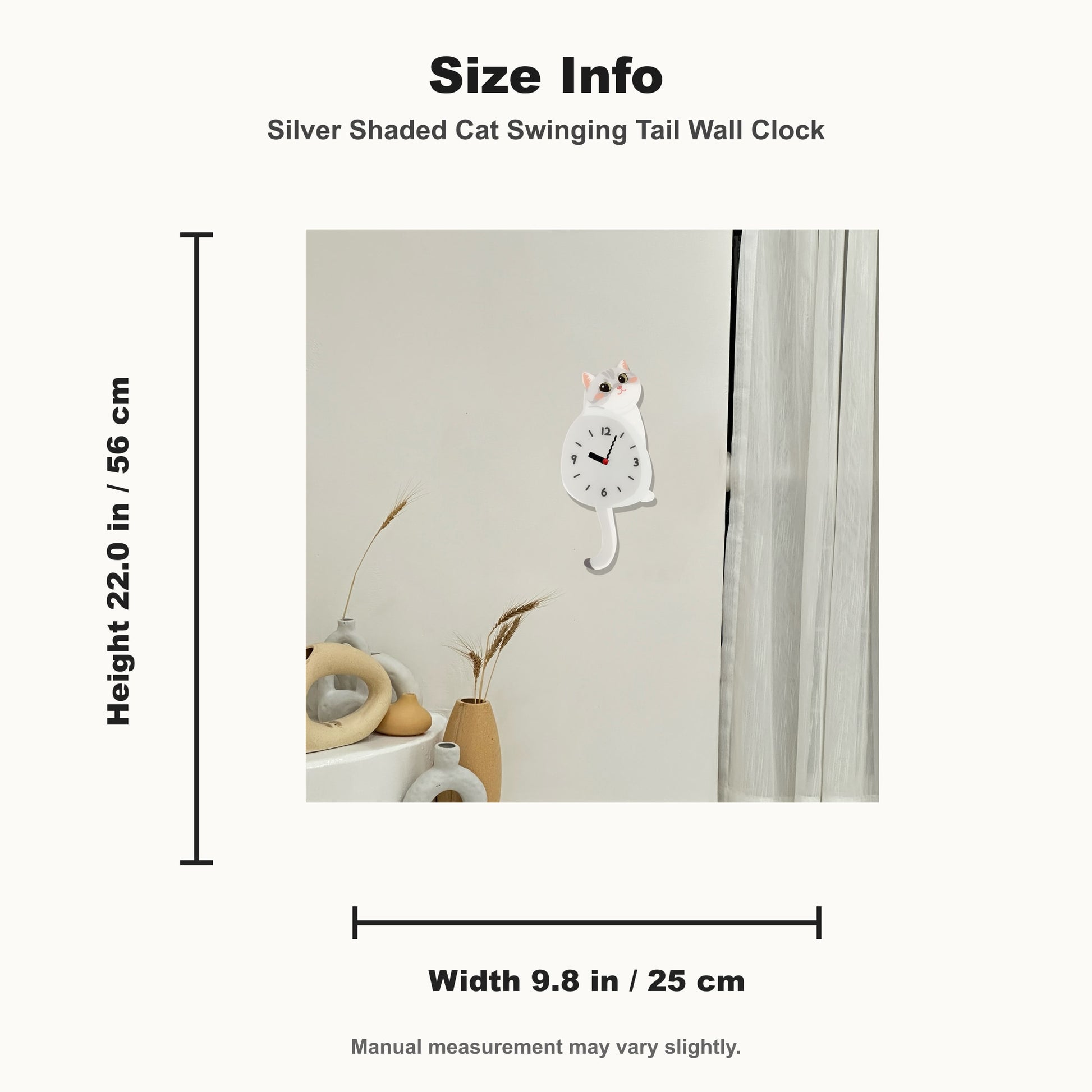Petstify Silver Shaded Cat cat wall clock - clock face detail showing silent quartz movement