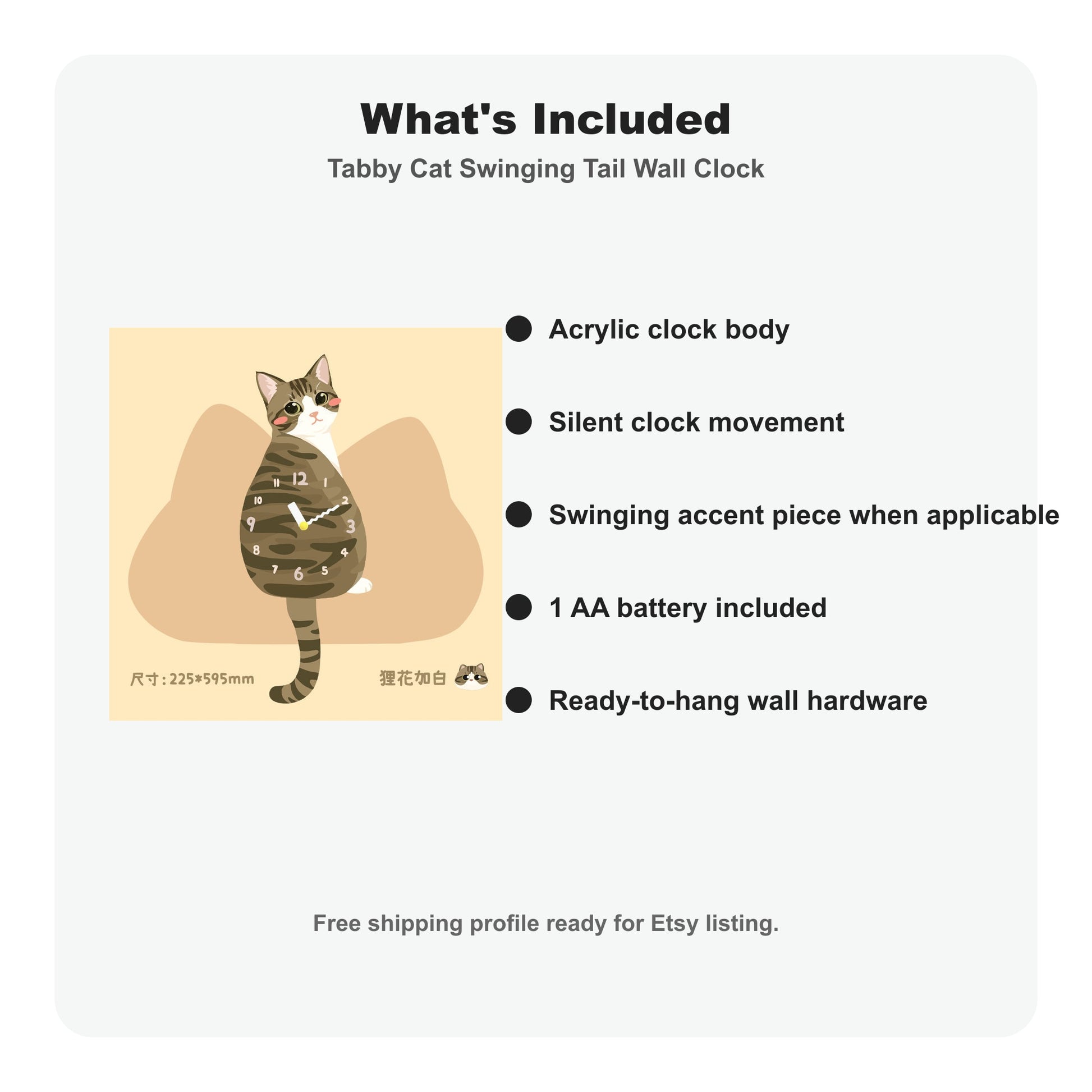 Petstify Tabby Cat cat wall clock - clock face detail showing silent quartz movement