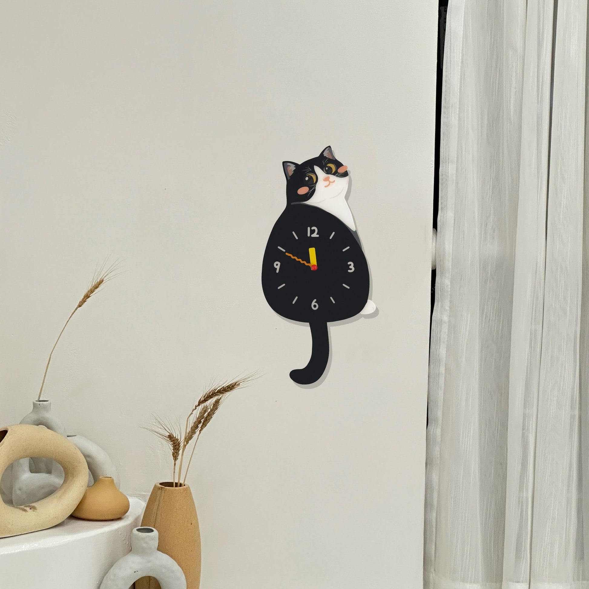 Petstify Tuxedo Cat swinging tail acrylic wall clock