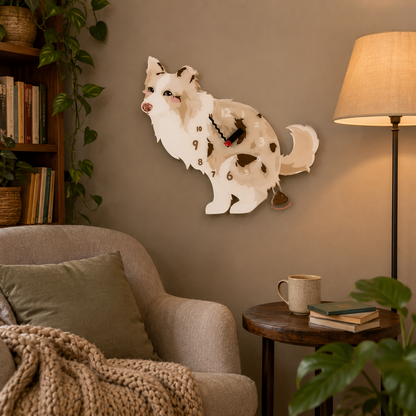 Red Merle Border Collie gift idea with silent quartz movement and swinging poop pendulum