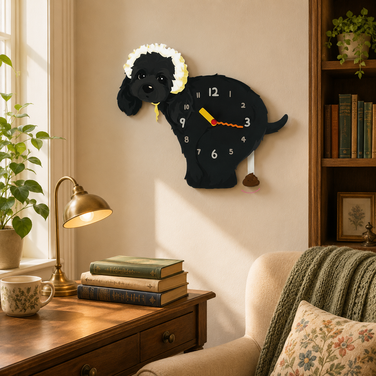 Black American Cocker Spaniel gift idea with silent quartz movement and swinging poop pendulum