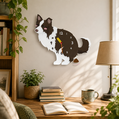 Brown and White Border Collie gift idea with silent quartz movement and swinging poop pendulum