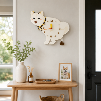White Shiba Inu gift idea with silent quartz movement and swinging poop pendulum