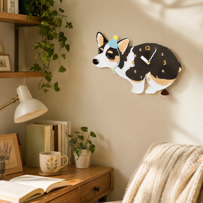 Black-Faced Tricolor Corgi gift idea with silent quartz movement and swinging poop pendulum