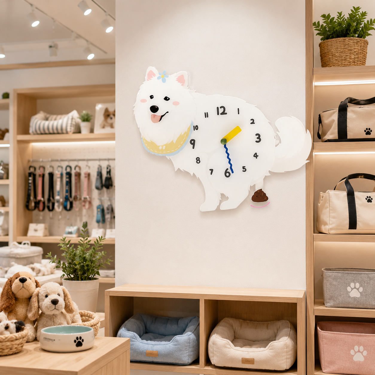 Samoyed gift idea with silent quartz movement and swinging poop pendulum