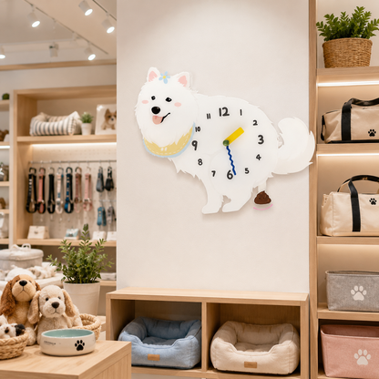 Samoyed gift idea with silent quartz movement and swinging poop pendulum